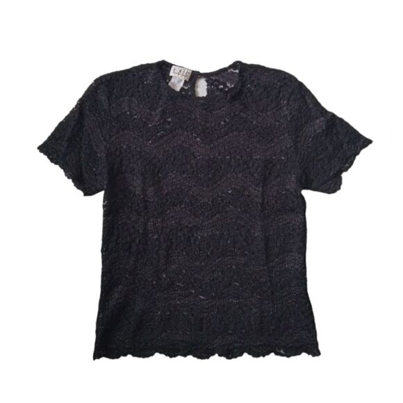 INC Black Floral Lace Chevron Pattern Sheer Short Sleeve Shirt Women's Medium - Picture 1 of 14